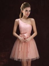  One Shoulder Sleeveless Tulle and Lace Mini Length Lace Up Quinceanera Court of Honor Dress in Peach with Lace and Bowknot