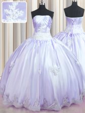  Lavender Taffeta Lace Up Strapless Sleeveless Floor Length 15 Quinceanera Dress Beading and Appliques