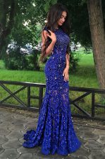 Pretty Mermaid Scoop Lace Royal Blue Sleeveless With Train Beading Backless Prom Evening Gown