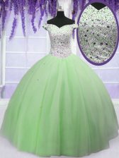 Affordable Off the Shoulder Tulle Short Sleeves Floor Length 15th Birthday Dress and Beading
