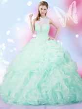 Dazzling Pick Ups Ball Gowns Quince Ball Gowns Apple Green High-neck Organza Sleeveless Floor Length Lace Up