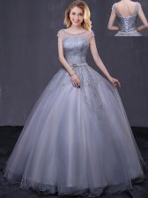 Stunning Grey Lace Up Scoop Beading and Belt 15th Birthday Dress Tulle Cap Sleeves