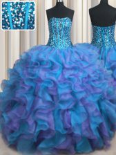 Pretty Visible Boning Bling-bling Organza Strapless Sleeveless Lace Up Beading and Ruffles Quinceanera Gown in Multi-color