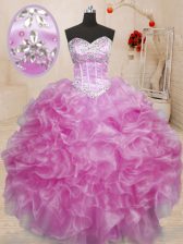 Adorable Lilac Organza Lace Up Sweetheart Sleeveless Floor Length Ball Gown Prom Dress Beading and Ruffles
