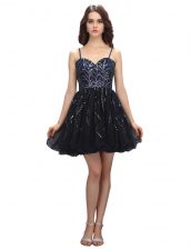Cheap Black Lace Up Prom Evening Gown Sequins Sleeveless Mini Length