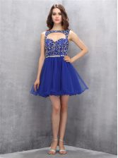  Royal Blue Zipper Prom Gown Beading Sleeveless Mini Length
