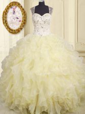 Custom Design Light Yellow Sleeveless Floor Length Beading and Ruffles Lace Up Ball Gown Prom Dress