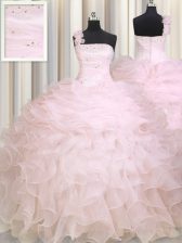 Fitting Baby Pink One Shoulder Zipper Beading and Ruffles Quince Ball Gowns Sleeveless