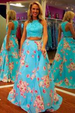 Artistic Aqua Blue Halter Top Neckline Lace and Embroidery Prom Evening Gown Sleeveless Zipper
