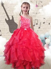  One Shoulder Red Sleeveless Floor Length Beading and Ruffles Lace Up Little Girl Pageant Gowns