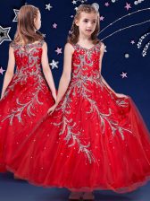  Red Ball Gowns Organza Scoop Sleeveless Beading and Appliques Ankle Length Zipper Pageant Gowns For Girls