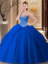 Nice Tulle Sweetheart Sleeveless Lace Up Beading Quince Ball Gowns in Royal Blue