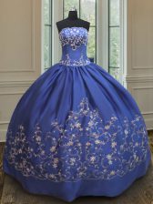 Shining Royal Blue Ball Gowns Embroidery 15 Quinceanera Dress Lace Up Satin Sleeveless Floor Length