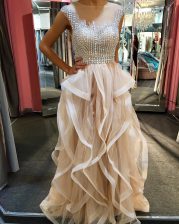  Scoop Floor Length Champagne Prom Dress Tulle Sleeveless Beading and Ruffles