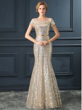 Sumptuous Mermaid Sequined Scoop Cap Sleeves Zipper Sequins and Belt Prom Dresses in Champagne