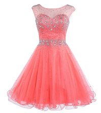 Edgy Scoop Sleeveless Mini Length Beading Backless Dress for Prom with Watermelon Red