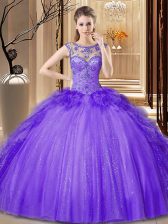  Scoop Sequins Floor Length Ball Gowns Sleeveless Purple Quinceanera Dress Lace Up