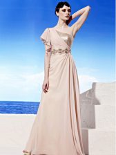 Clearance One Shoulder Floor Length Peach Prom Evening Gown Chiffon Sleeveless Sequins and Ruching