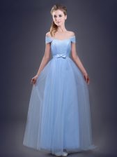  Off The Shoulder Sleeveless Tulle Quinceanera Court of Honor Dress Ruching and Bowknot Lace Up