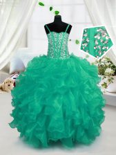 Excellent Turquoise Ball Gowns Organza Spaghetti Straps Sleeveless Beading and Ruffles Floor Length Lace Up Little Girls Pageant Gowns