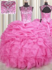 Flare See Through Rose Pink Ball Gowns Organza Scoop Sleeveless Beading and Ruffles and Pick Ups Floor Length Lace Up Vestidos de Quinceanera