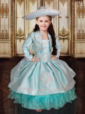  Aqua Blue Ball Gowns Organza and Taffeta Spaghetti Straps Sleeveless Embroidery and Ruffled Layers Floor Length Lace Up Kids Formal Wear