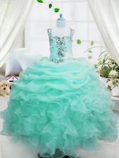  Baby Blue Little Girls Pageant Dress Wholesale Party and Wedding Party with Beading and Ruffles and Pick Ups Straps Sleeveless Lace Up