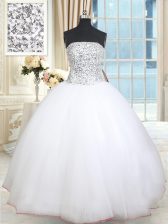  Sleeveless Floor Length Beading and Sequins Lace Up Quinceanera Gown with White