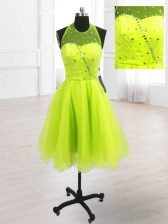  Yellow Green Organza Lace Up High-neck Sleeveless Knee Length Sequins