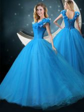 Colorful Blue Cap Sleeves Floor Length Appliques Lace Up Sweet 16 Quinceanera Dress