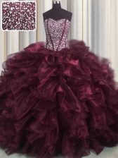  Visible Boning Bling-bling Burgundy Lace Up Sweetheart Beading and Ruffles Quinceanera Gowns Organza Sleeveless Brush Train