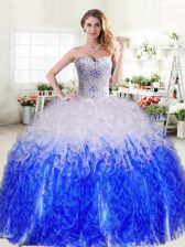  Blue And White Ball Gowns Organza Sweetheart Sleeveless Beading and Ruffles Floor Length Lace Up Quince Ball Gowns