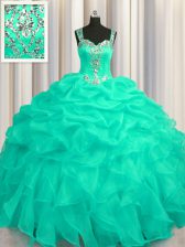  See Through Zipper Up Sleeveless Organza Floor Length Zipper Quinceanera Gowns in Turquoise with Appliques and Ruffles