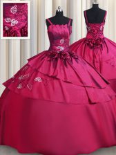 Designer Straps Burgundy Satin Lace Up Quince Ball Gowns Sleeveless Floor Length Embroidery and Hand Made Flower