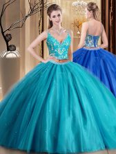  Teal Two Pieces Tulle Spaghetti Straps Sleeveless Beading and Lace and Appliques Floor Length Lace Up Vestidos de Quinceanera