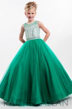 Custom Fit Scoop Tulle Sleeveless Floor Length Little Girls Pageant Gowns and Beading