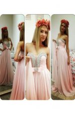  Floor Length Zipper Evening Dress Pink for Prom and Party with Beading