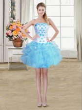  Beading and Appliques and Ruffles Dress for Prom Baby Blue Lace Up Sleeveless Mini Length