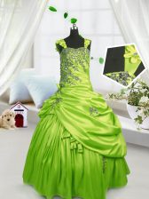 Custom Made Yellow Green Ball Gowns Satin Straps Sleeveless Beading and Pick Ups Floor Length Lace Up Kids Pageant Dress