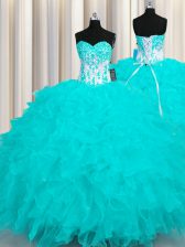 Most Popular Floor Length Lace Up Quince Ball Gowns Aqua Blue for Military Ball and Sweet 16 and Quinceanera with Appliques and Ruffles