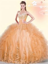  Orange Sweetheart Neckline Beading and Appliques and Ruffles Ball Gown Prom Dress Sleeveless Lace Up