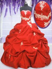  Coral Red Sweet 16 Dress Military Ball and Sweet 16 and Quinceanera with Appliques and Ruching and Pick Ups Strapless Sleeveless Lace Up