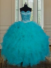 Sleeveless Floor Length Beading and Ruffles Lace Up Ball Gown Prom Dress with Teal