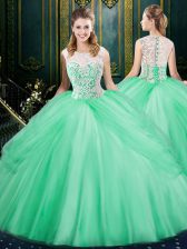 Customized Apple Green Zipper Scoop Lace and Pick Ups 15 Quinceanera Dress Tulle Sleeveless
