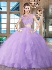 Customized Scoop Cap Sleeves Organza Quinceanera Dresses Beading and Appliques and Ruffles Brush Train Zipper