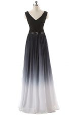 Suitable Sleeveless Lace Up Floor Length Ruching and Belt Prom Gown
