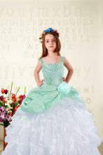  White Organza Lace Up Child Pageant Dress Sleeveless Floor Length Beading and Ruffles