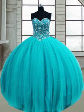  Aqua Blue Sleeveless Floor Length Beading Lace Up Sweet 16 Quinceanera Dress