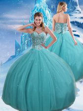 Luxurious Tulle Sweetheart Sleeveless Lace Up Beading and Sequins 15th Birthday Dress in Aqua Blue