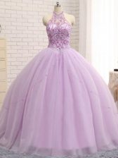 Sexy Halter Top Sleeveless Tulle Quinceanera Gowns Beading Brush Train Lace Up